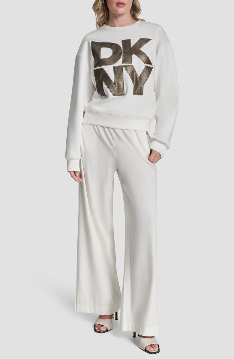 DKNY Metallic Faux Leather Logo Sweatshirt, Alternate, color, Ivory
