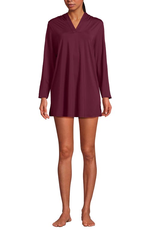 Lands' End Cotton Jersey Long Sleeve Hooded Swim Cover-up Dress In Burgundy