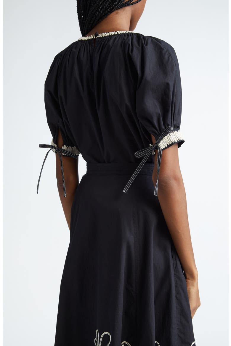 Amara Appliqué Detail Puff Sleeve Cotton Top, Alternate, color, RAVEN