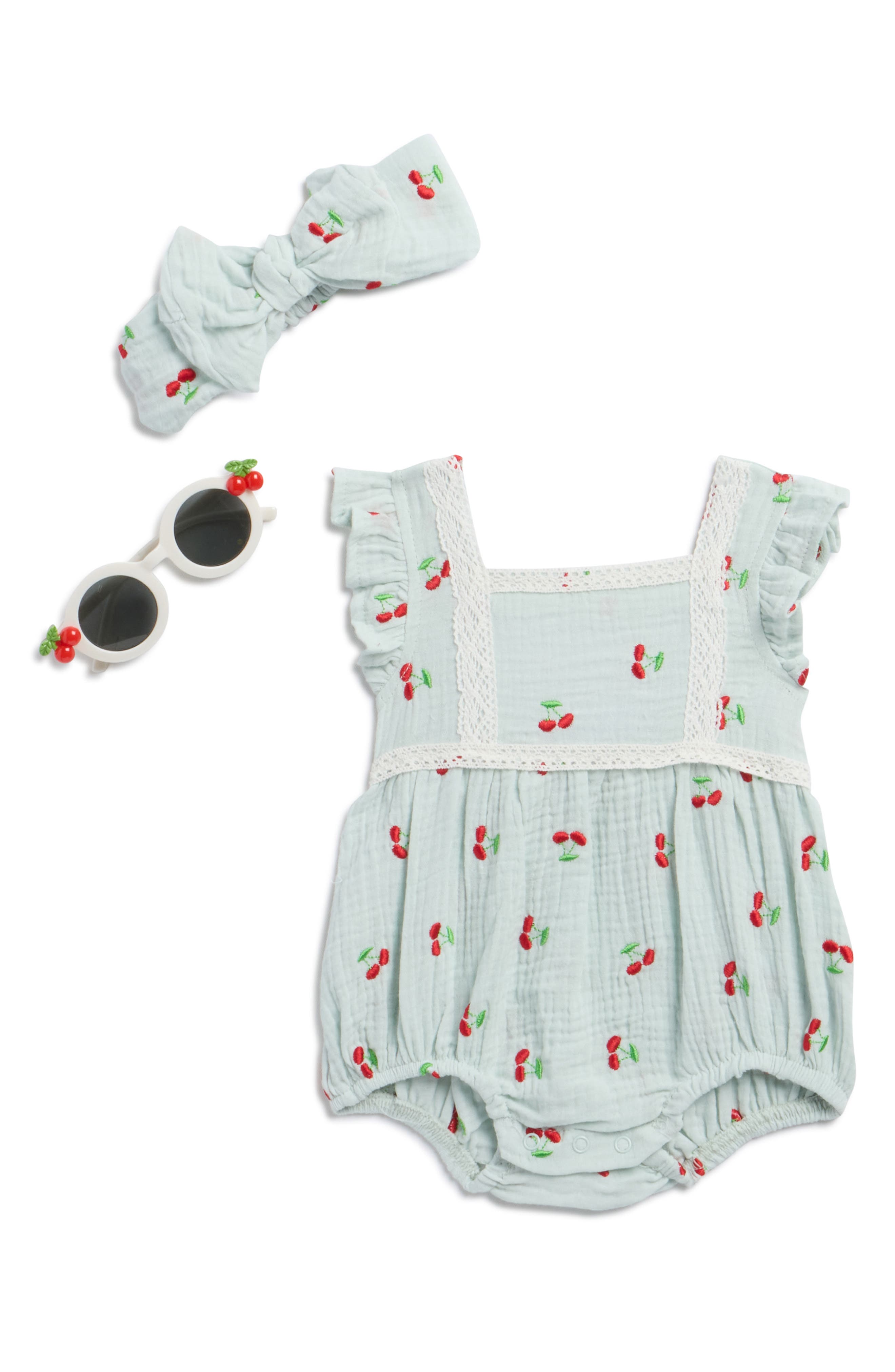 Rachel Zoe 3-Piece Embroidered Gauze Romper, Bow & Sunnies Set