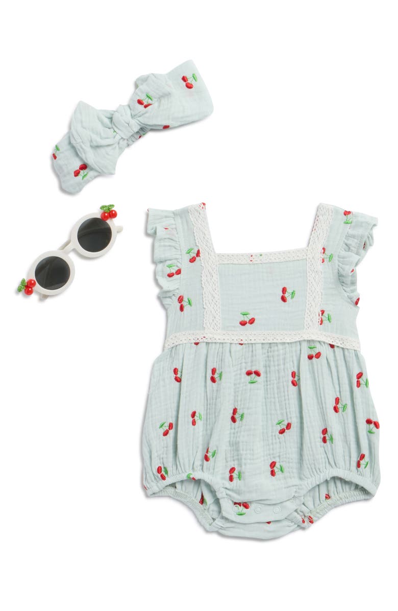 Rachel Zoe 3-Piece Embroidered Gauze Romper, Bow & Sunnies Set, Main, color, 