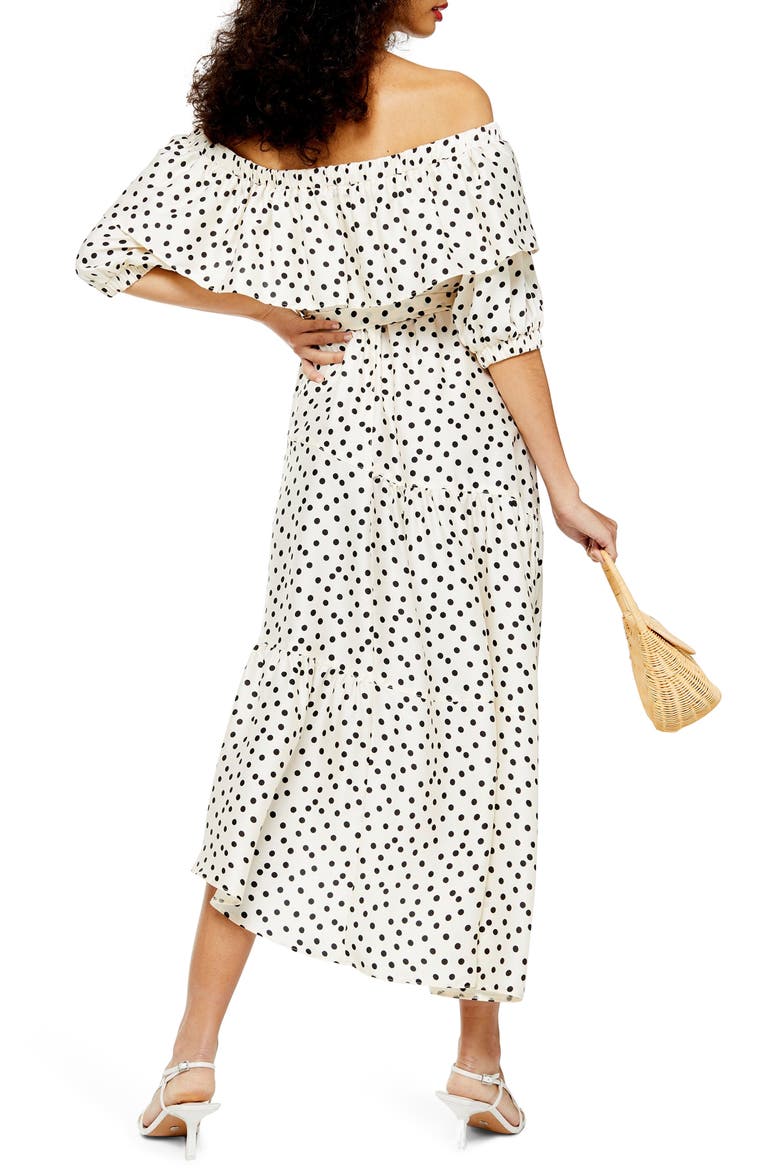 Bardot Spot Print Asymmetrical Off the Shoulder Dress, Alternate, color, WHITE MULTI