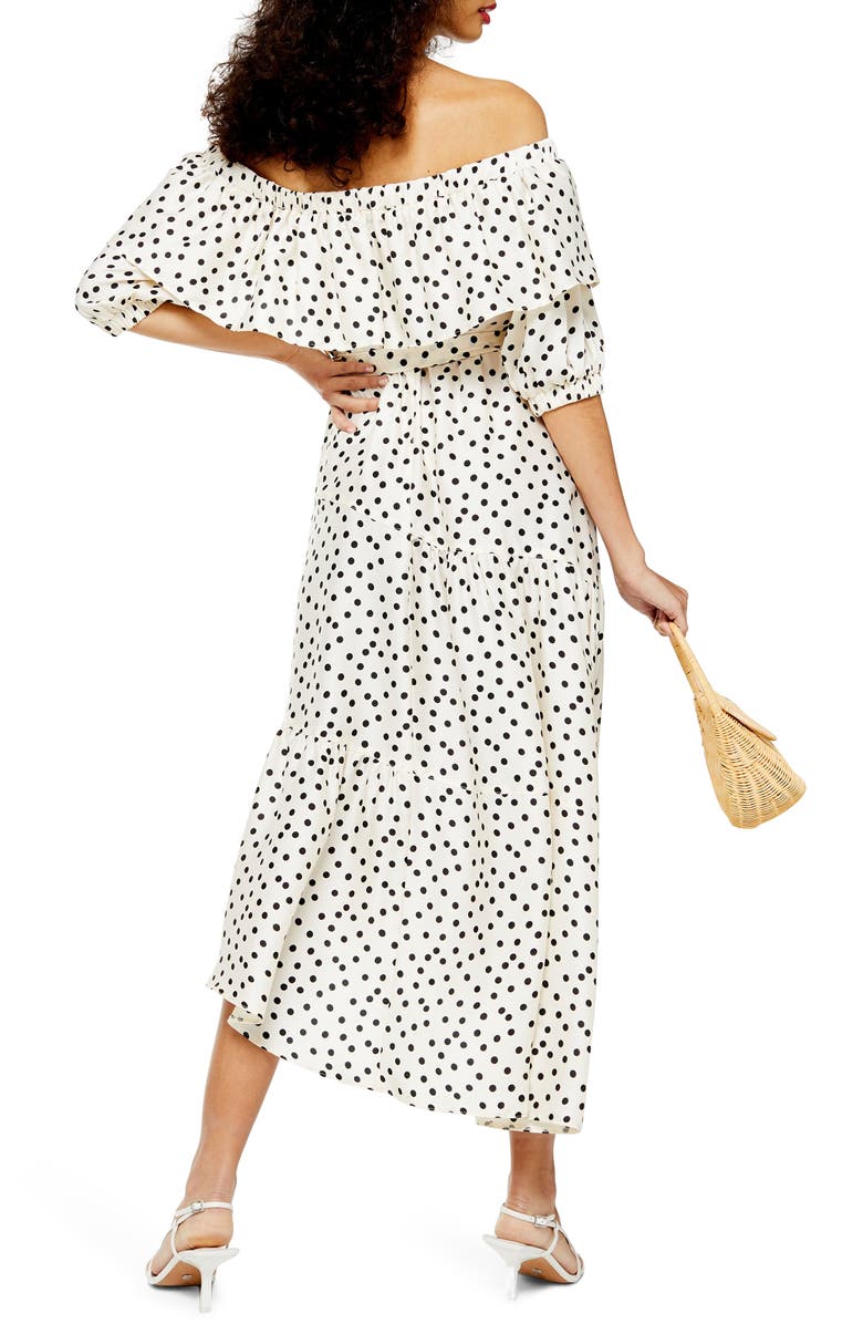 Topshop Bardot Spot Print Asymmetrical Off the Shoulder Dress, Alternate, color,