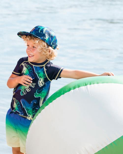 DEUX PAR DEUX DEUX PAR DEUX LITTLE BOY'S SHORT SLEEVE RASHGUARD BLUE AND GREEN DINO ON NAVY 