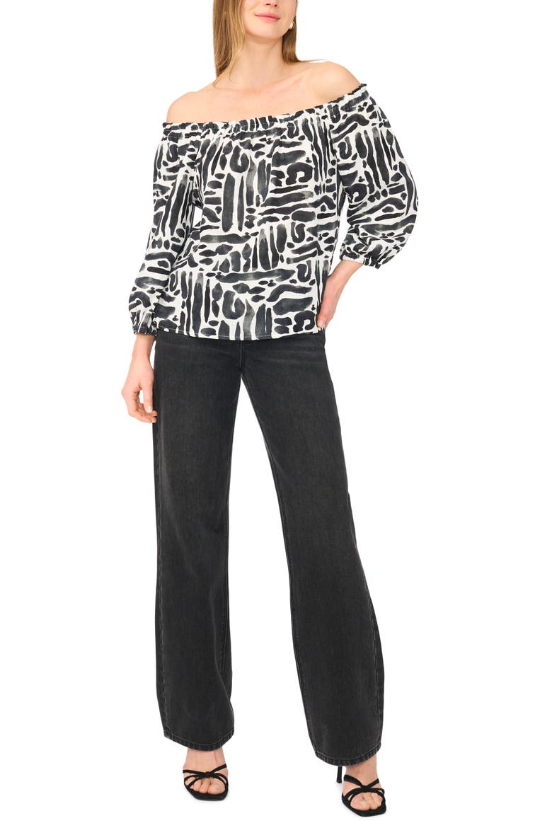 Off the Shoulder Puff Sleeve Top, Alternate, color, RICH BLACK MULTI