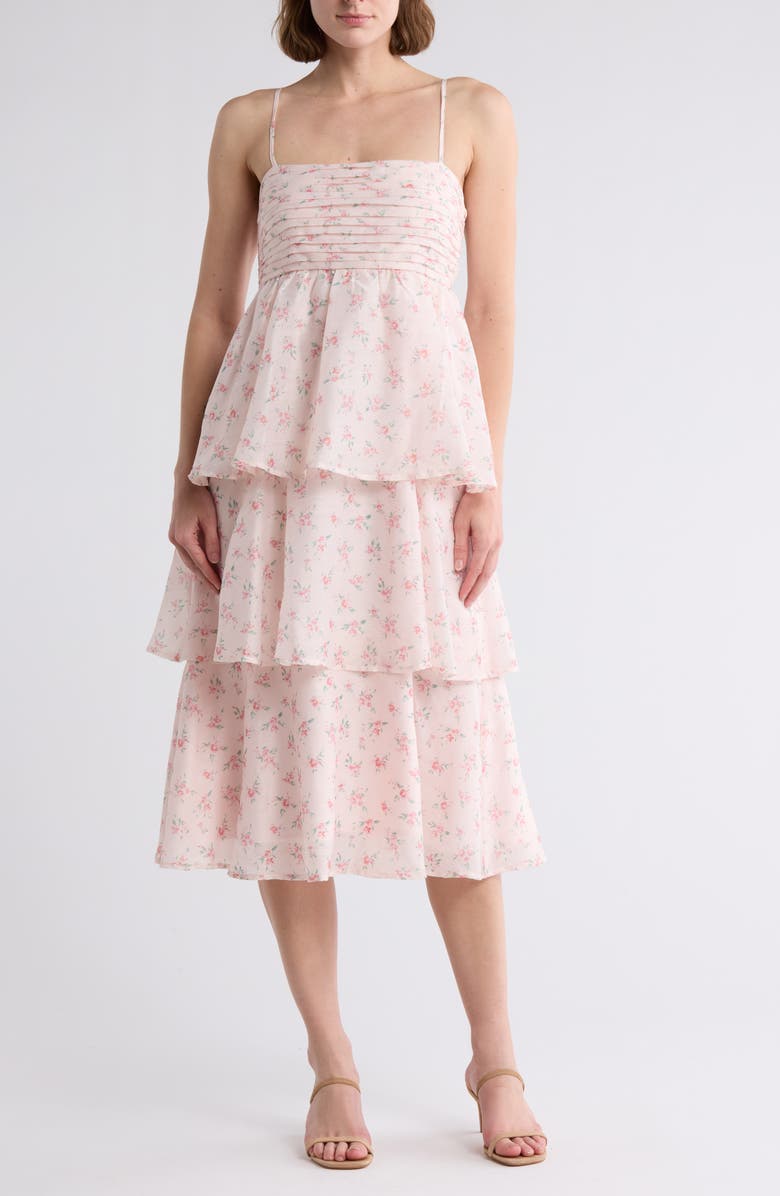 Lush Flounce Pleated Tiered Midi Dress, Main, color, Pink Floral