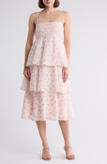 Lush Flounce Pleated Tiered Midi Dress In Pink
