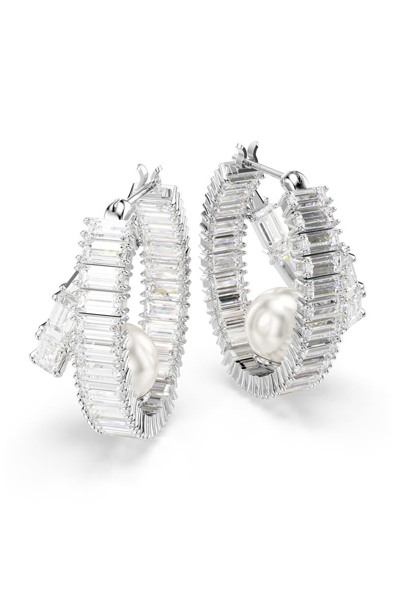 x Ariana Grande Crystal Pearl & Baguette Cut Crystal Double Hoop Earrings, Alternate, color, WHITE/ SILVER