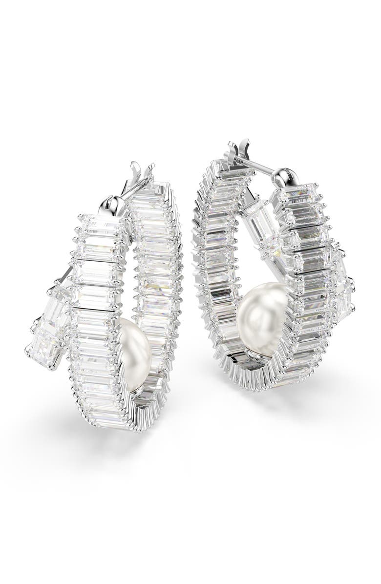 Swarovski x Ariana Grande Crystal Pearl & Baguette Cut Crystal Double Hoop Earrings, Alternate, color, 