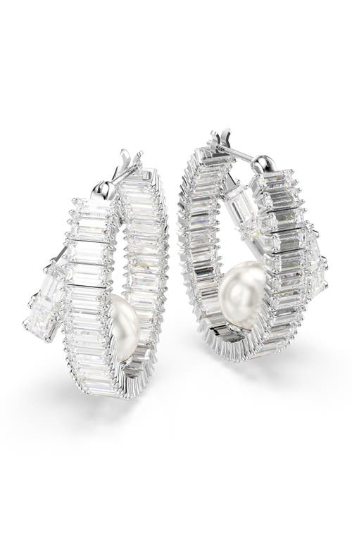 Swarovski Ariana Grande Imitation Pearl & Crystal Baguette Small Hoop Earrings In White/silver