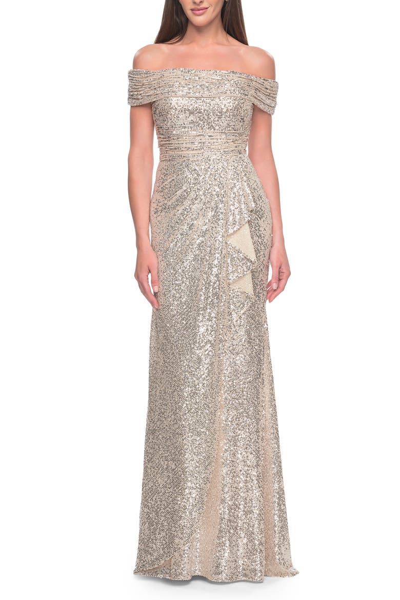 Off the Shoulder Sequin Gown with Ruching, Main, color, Silver