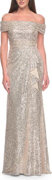 La Femme Off the Shoulder Sequin Gown with Ruching
