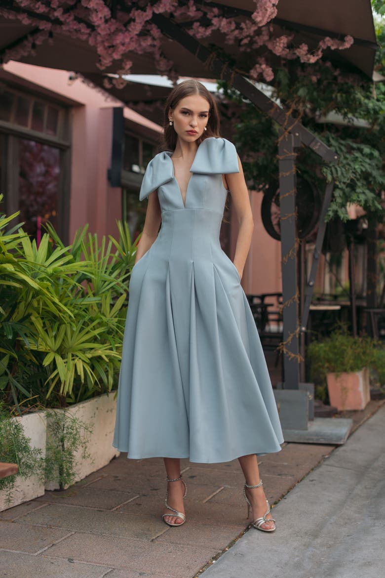 Crepe A Line Midi Dress With Bow Straps, Alternate, color, Ice Blue