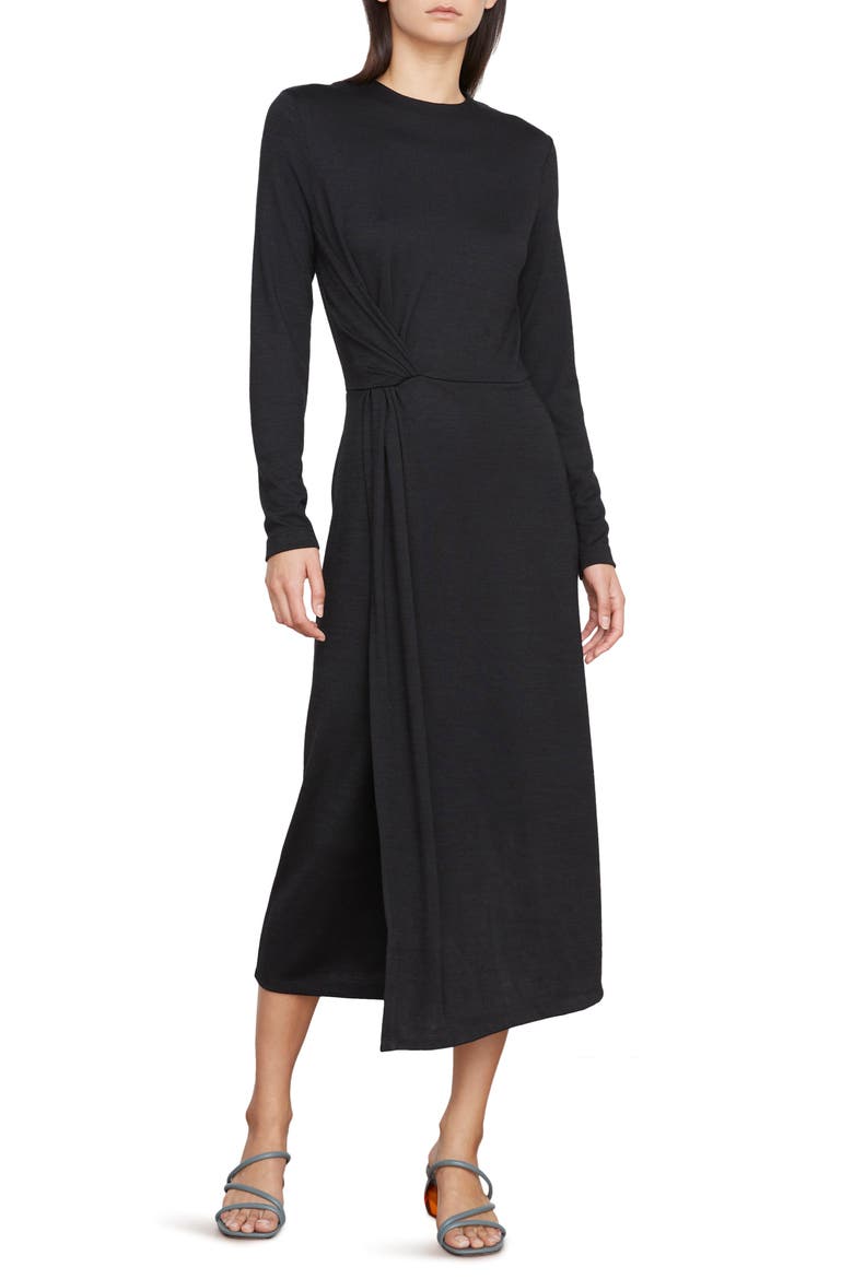 Side Twist Long Sleeve Knit Midi Dress, Main, color, BLACK