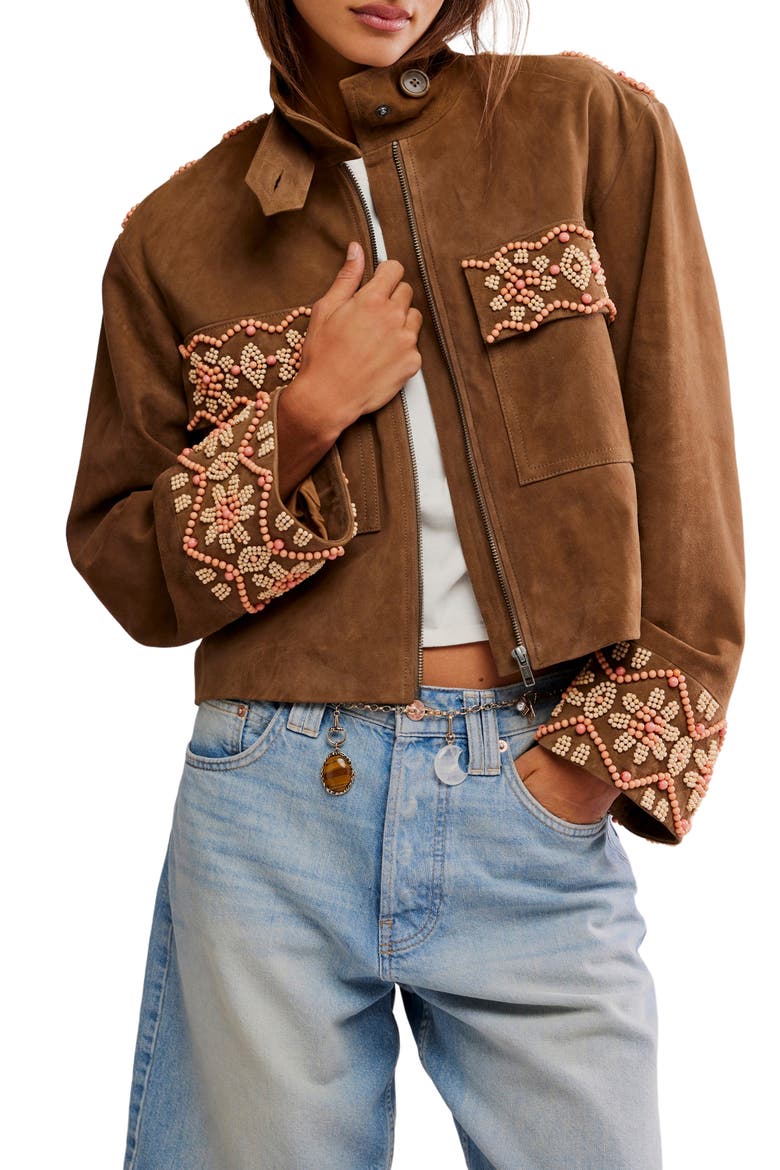 Bali Fading Moon Crop Suede Jacket, Main, color, OLIVE BROWN