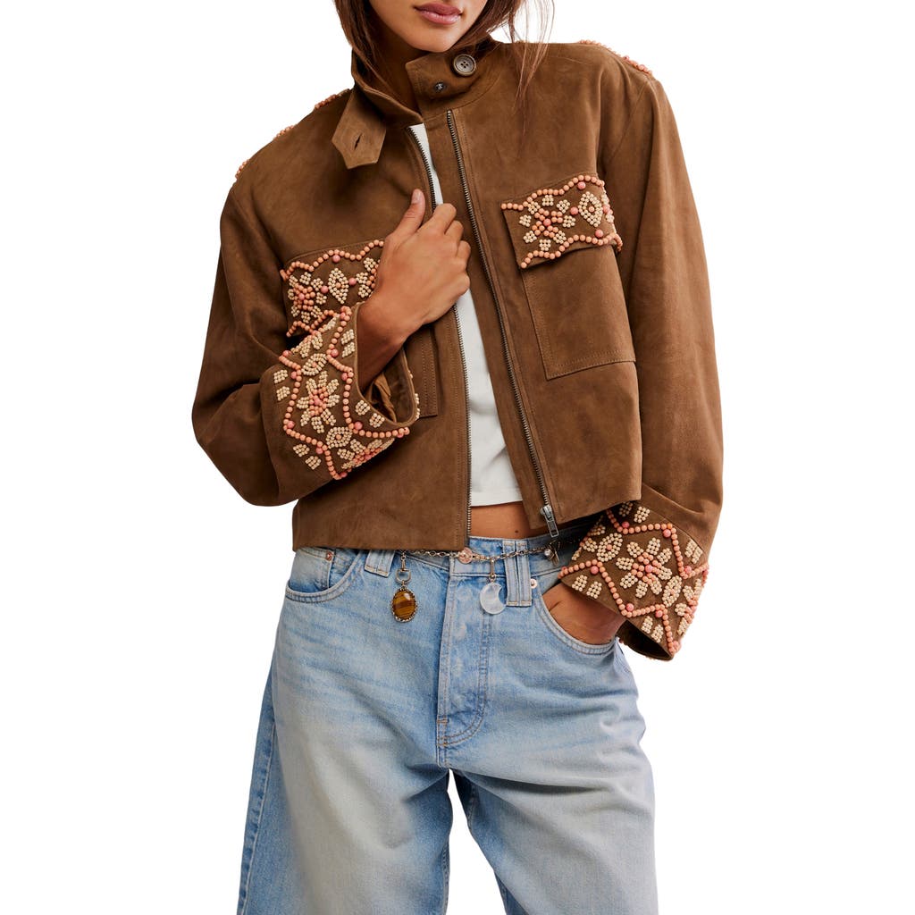 Free People Bali Fading Moon Crop Suede Jacket In Brown