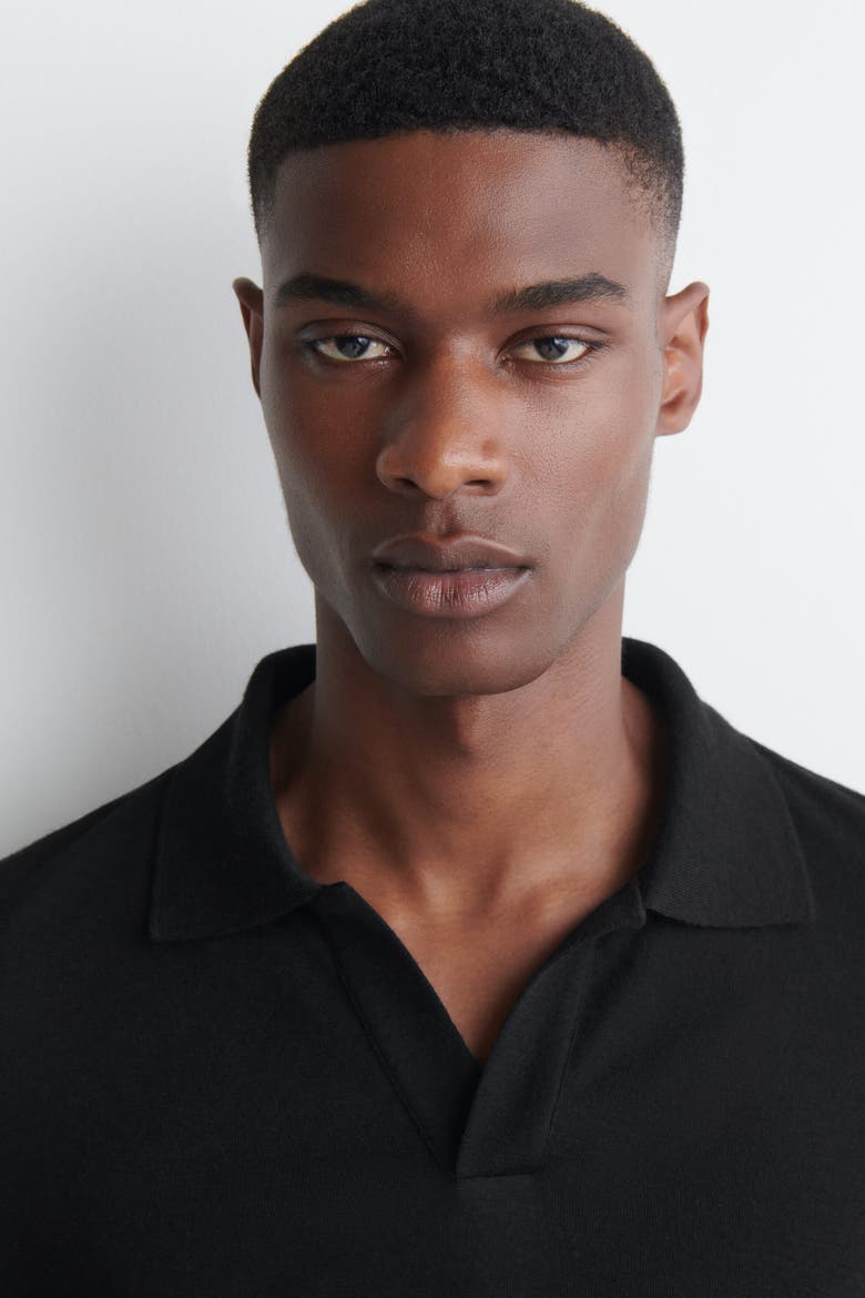 Slim Wool-Jersey Open-Collar Polo Shirt, Alternate, color, BLACK