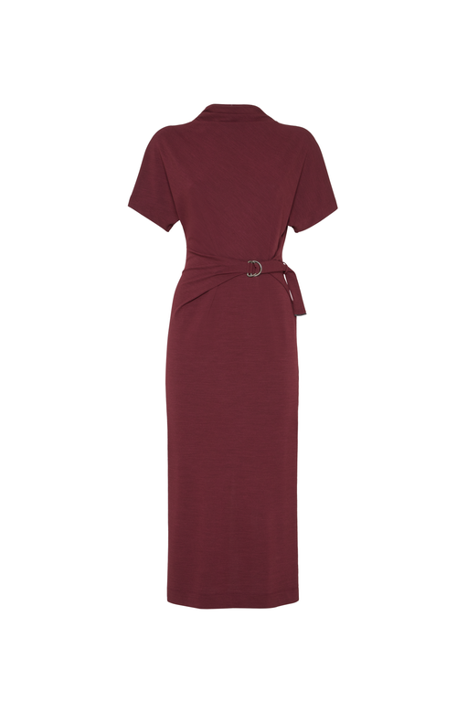 Brunello Cucinelli Drape Short-sleeve Wool Jersey Midi Wrap Dress In Burgundy