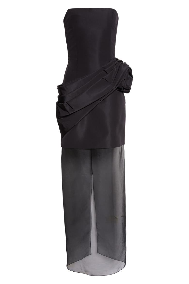 Draped Strapless Silk Faille & Organza Gown, Alternate, color, BLACK