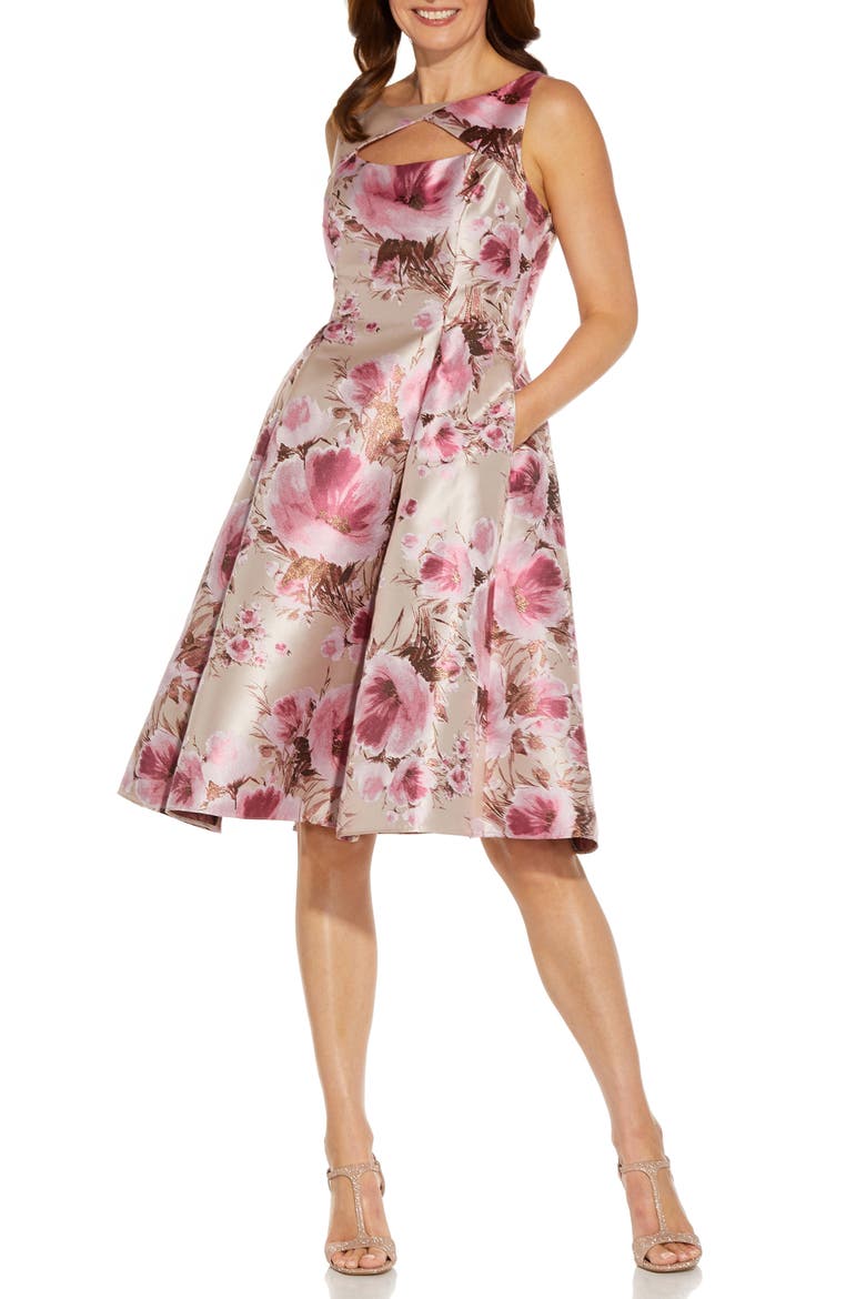 Metallic Floral Jacquard Fit & Flare Cocktail Dress, Alternate, color, SILVER/ BLUSH MULTI