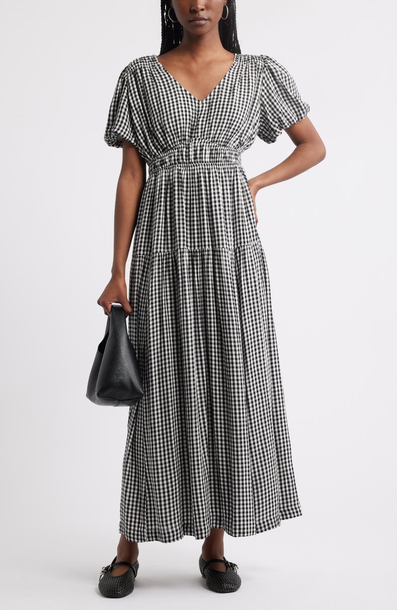 Treasure & Bond Gingham Puff Sleeve Maxi Dress, Alternate, color, Black- Ivory Gingham