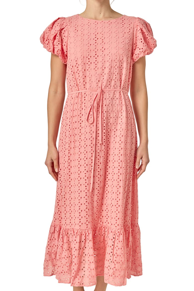Eyelet Tie Waist Puff Sleeve Midi Dress, Alternate, color, PINK