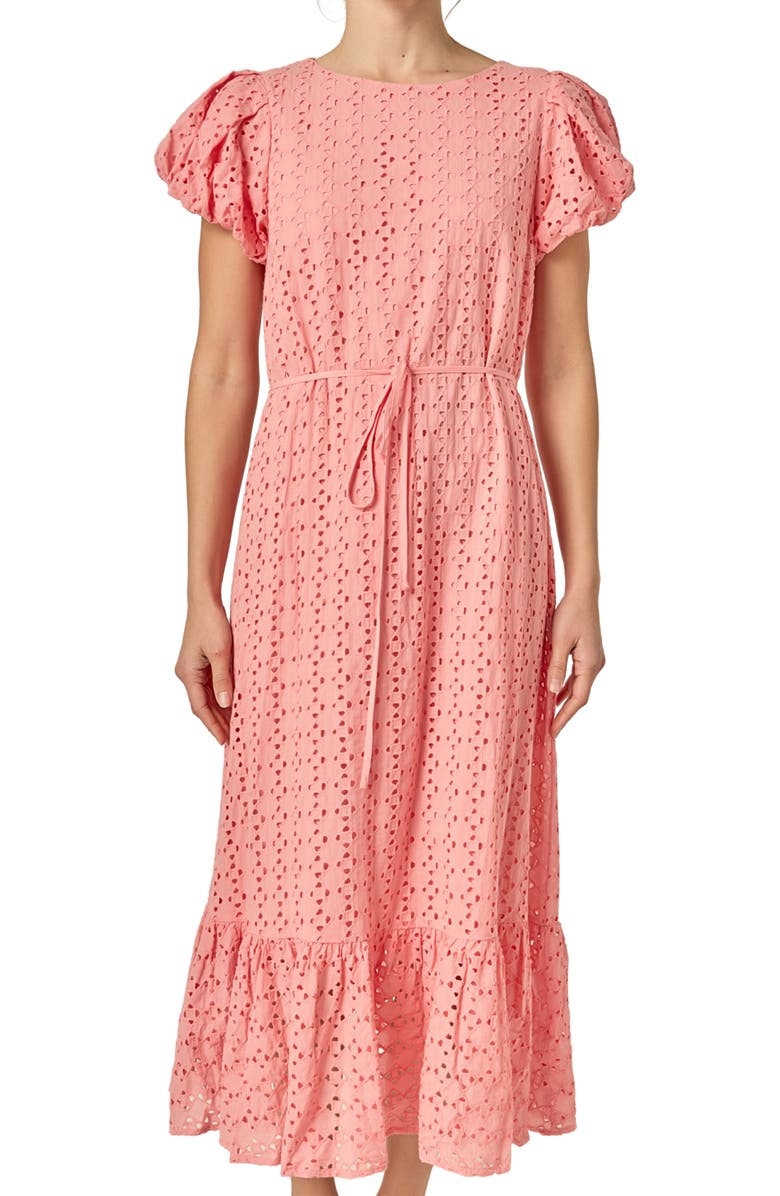 English Factory Eyelet Tie Waist Puff Sleeve Midi Dress, Alternate, color, Pink