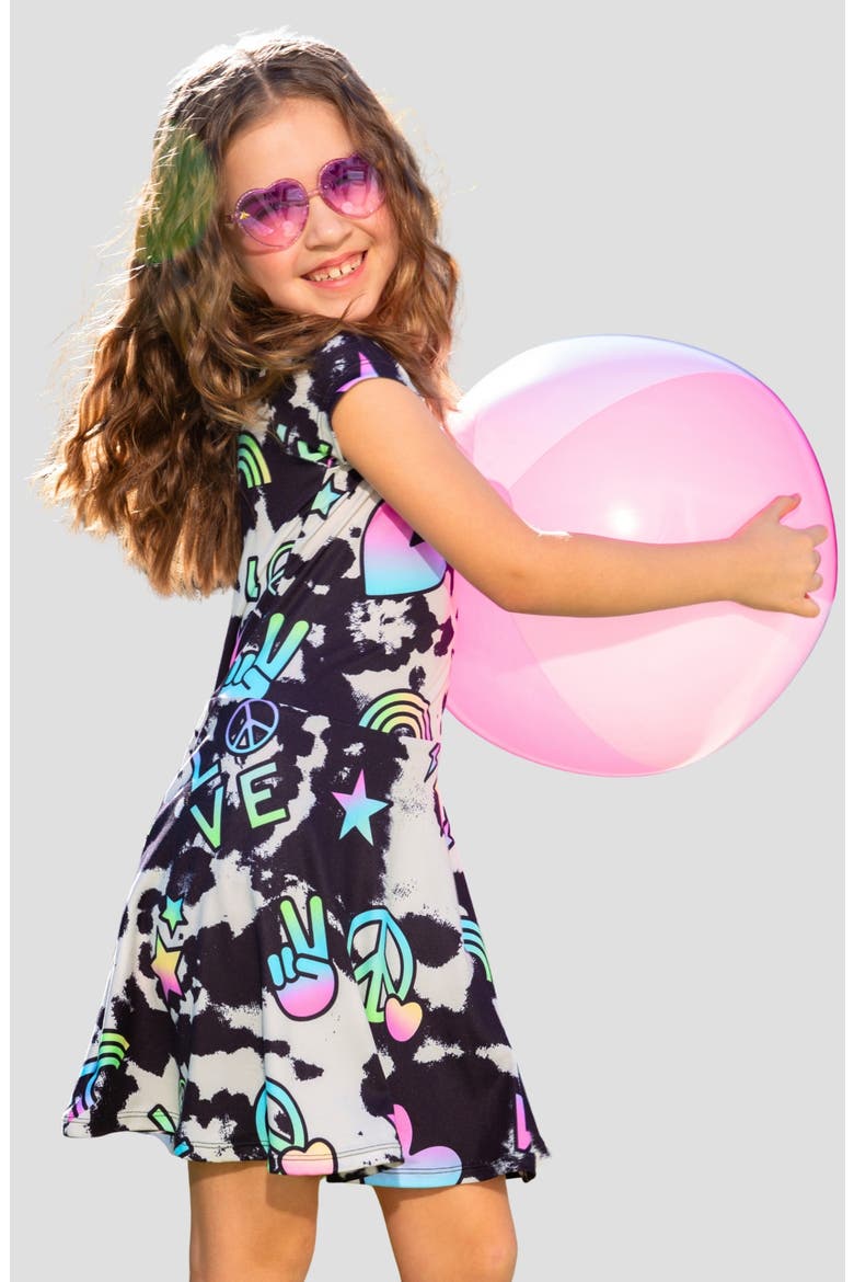 Kids' Peace Skater Dress, Alternate, color, BLACK TIE DYE RAINBOW ICONS