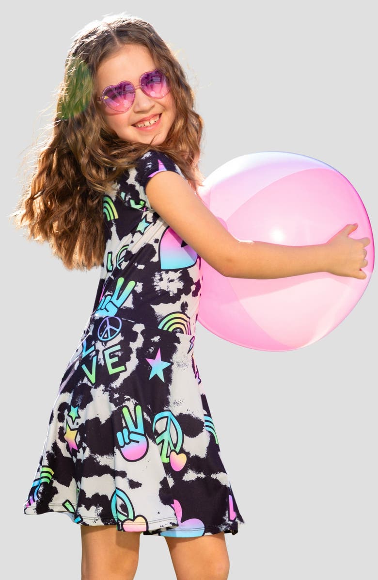 PixieLane Kids' Peace Skater Dress, Alternate, color, Black Tie Dye Rainbow Icons