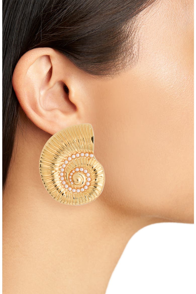Faux Pearl Conch Stud Earring, Alternate, color, GOLD/ PEARL