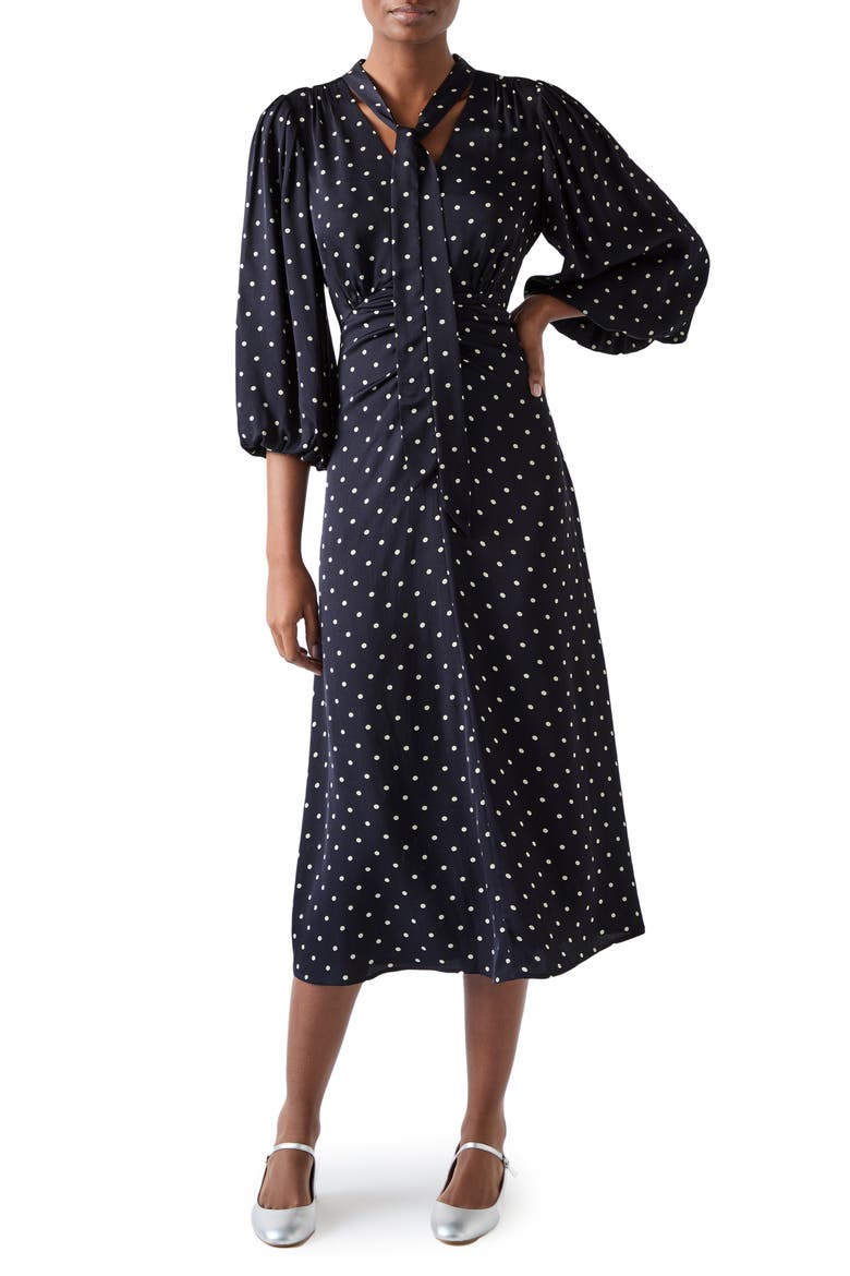 Hester Dot Tie Neck Midi Dress, Main, color, NAVY