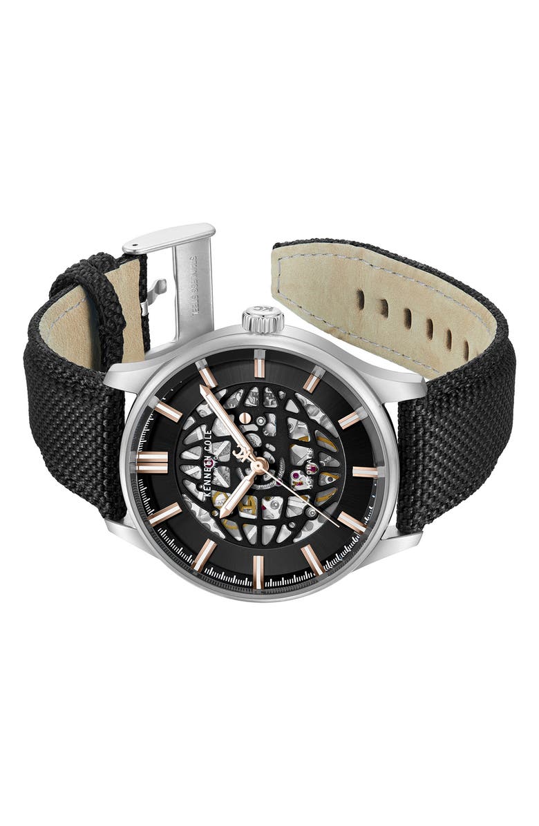 Kenneth Cole New York The Thompson Skeleton Automatic Nylon Strap Watch, 43.5mm, Alternate, color, Black