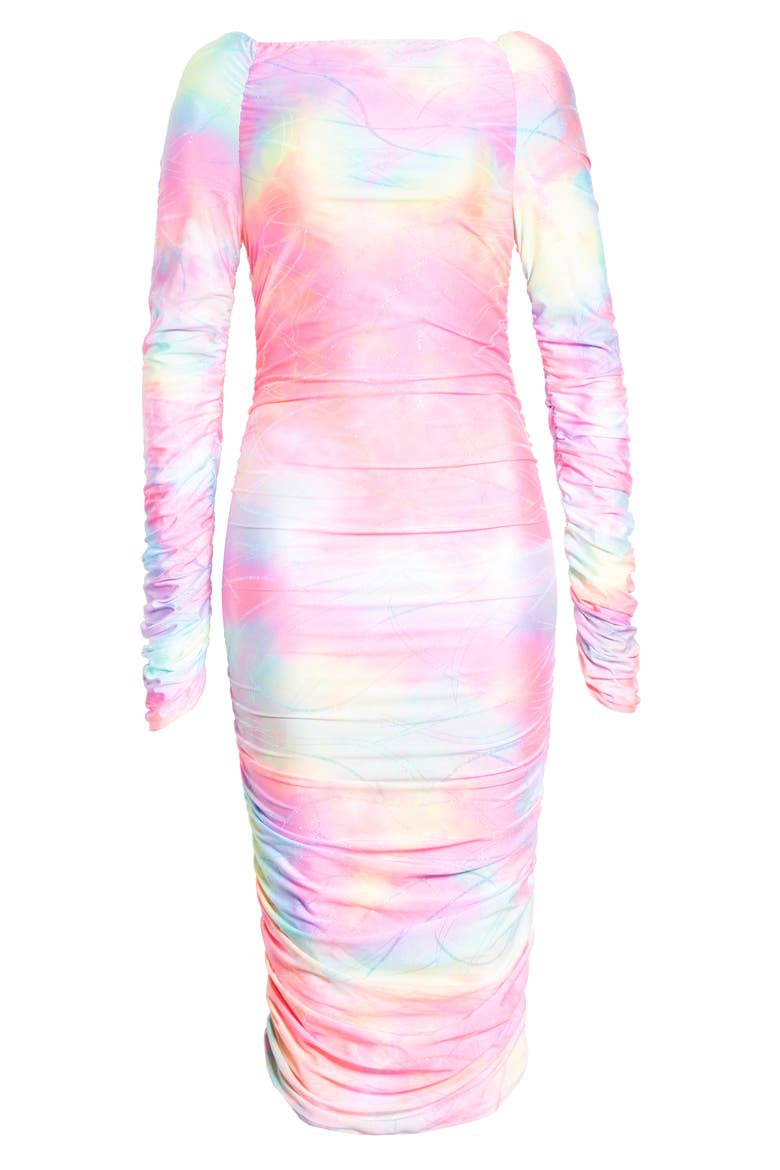 Jolene Glitter Tie Dye Off the Shoulder Long Sleeve Minidress, Alternate, color, MULTICOLORED