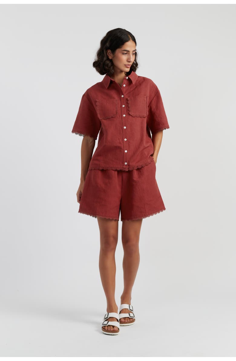 Chinti & Parker Sienna Linen-Blend Scallop Edge Shorts, Alternate, color, Sienna