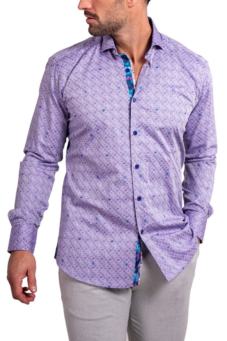 Einstein Ascension0057 Purple Patterned Cotton Button-Up Shirt, Alternate, color, PURPLE