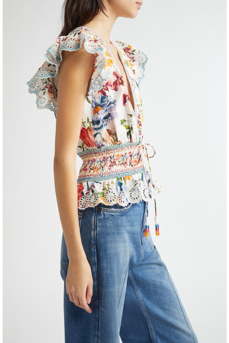 Greek Garden Swiss Dot Flutter Sleeve Plunge Neck Cotton Top, Alternate, color, OFF-WHITE