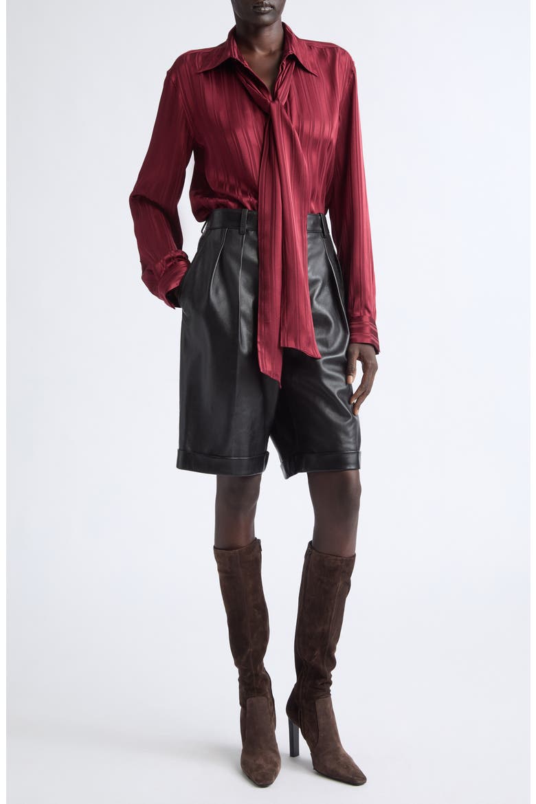 Satin Stripe Tie Neck Shirt, Alternate, color, BORDEAUX