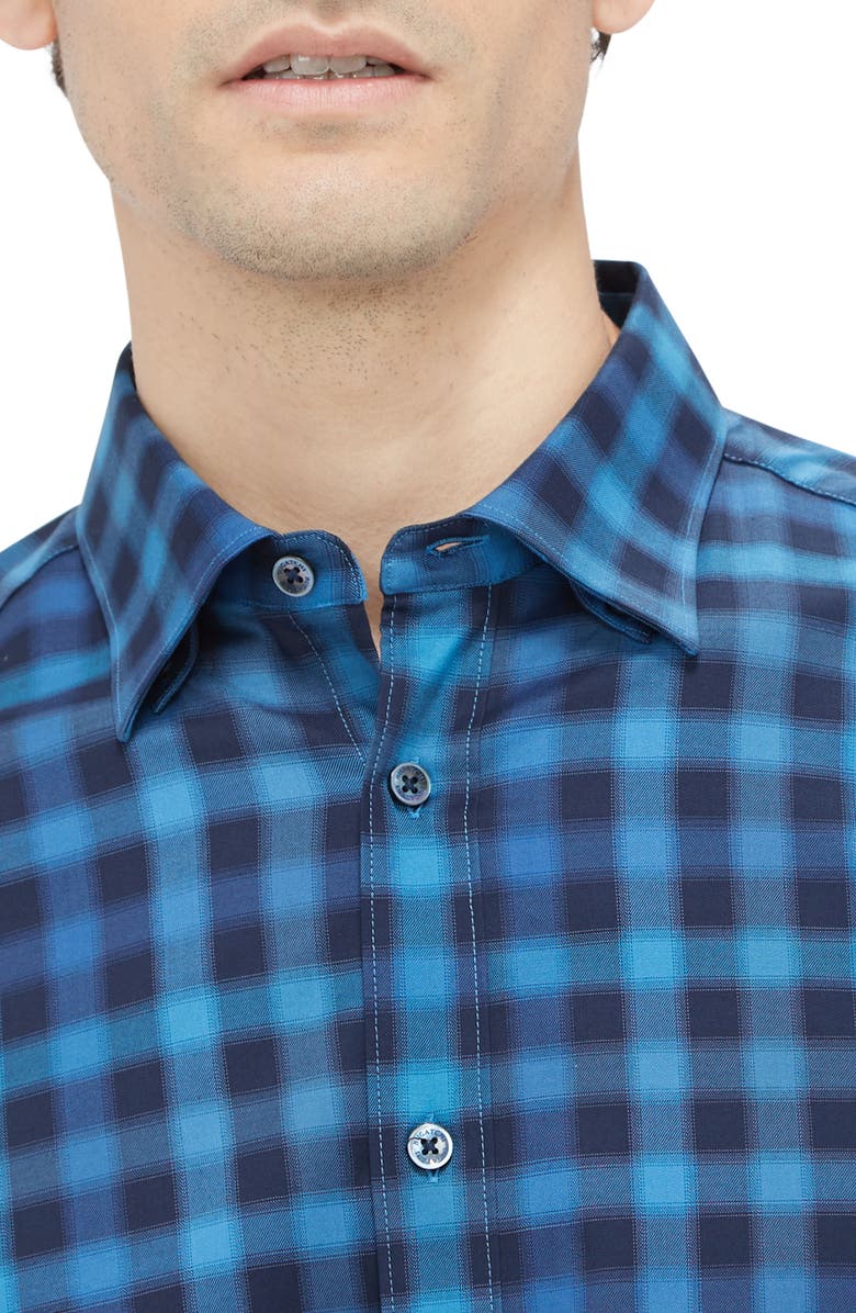 Bugatchi Karl Shaped Fit Buffalo Plaid Stretch Cotton Button-Up Shirt, Alternate, color, Navy