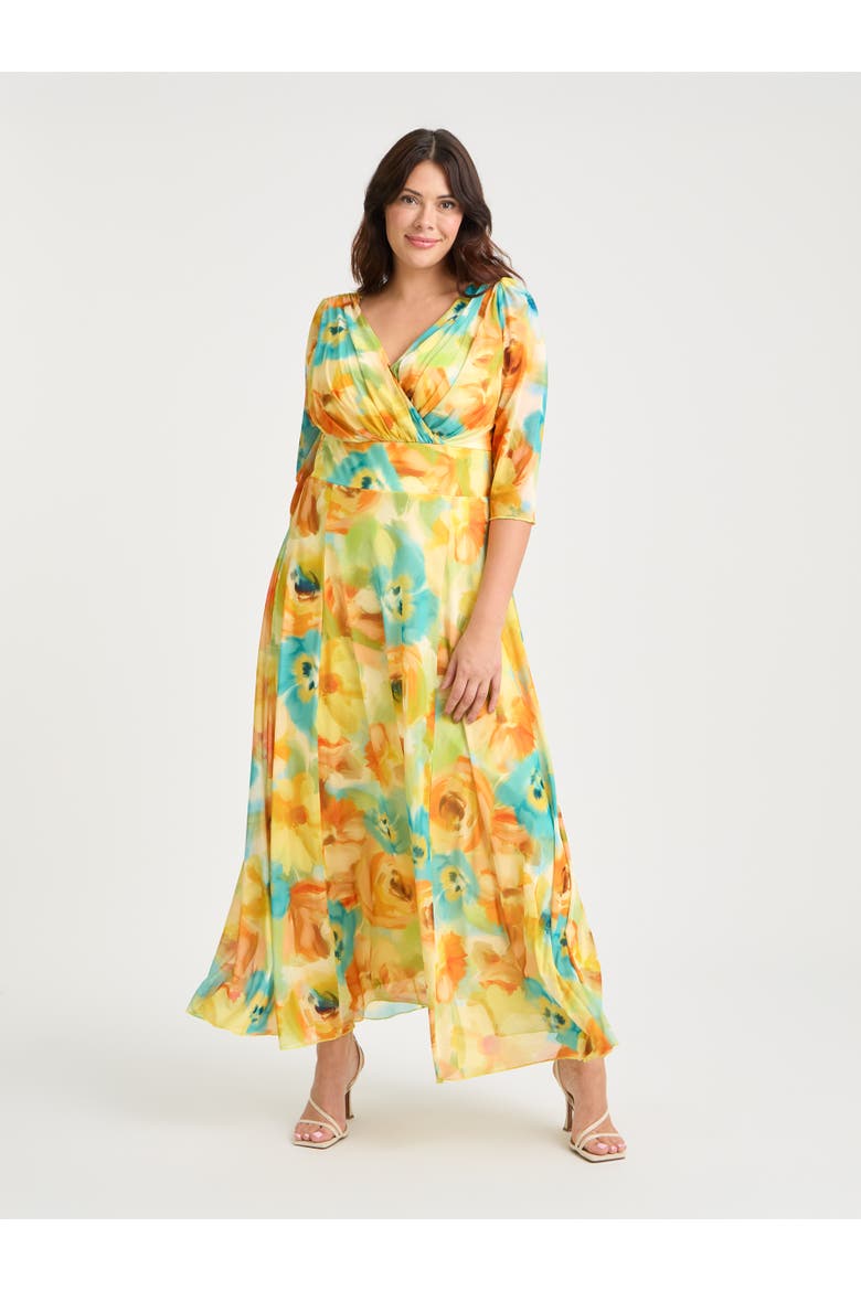 Verity V-Neck 3/4 Sleeve Maxi Dress, Main, color, Lemon Multi