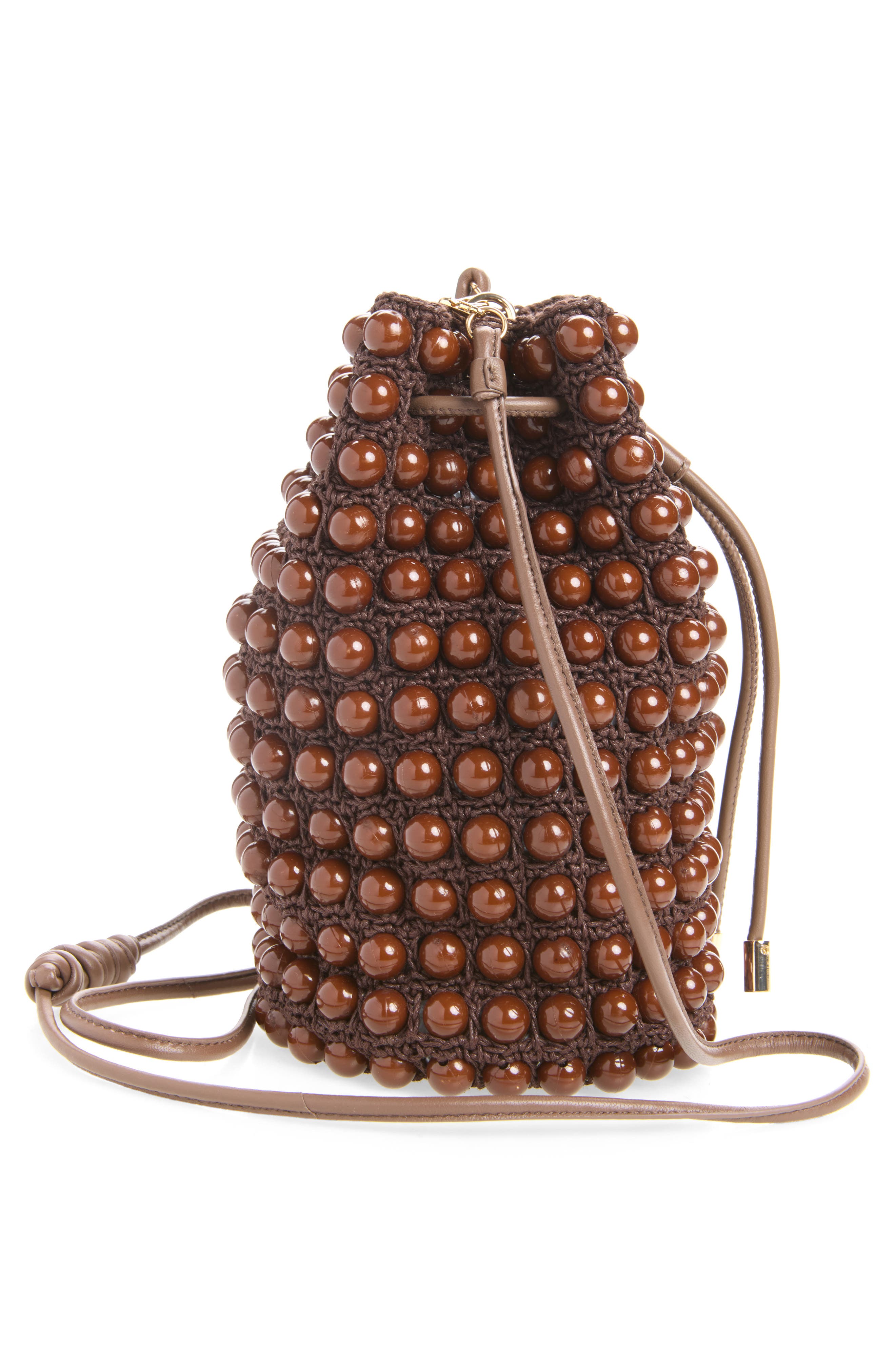 Beaded Macramé Bucket Bag, Alternate, color, NEW WALNUT