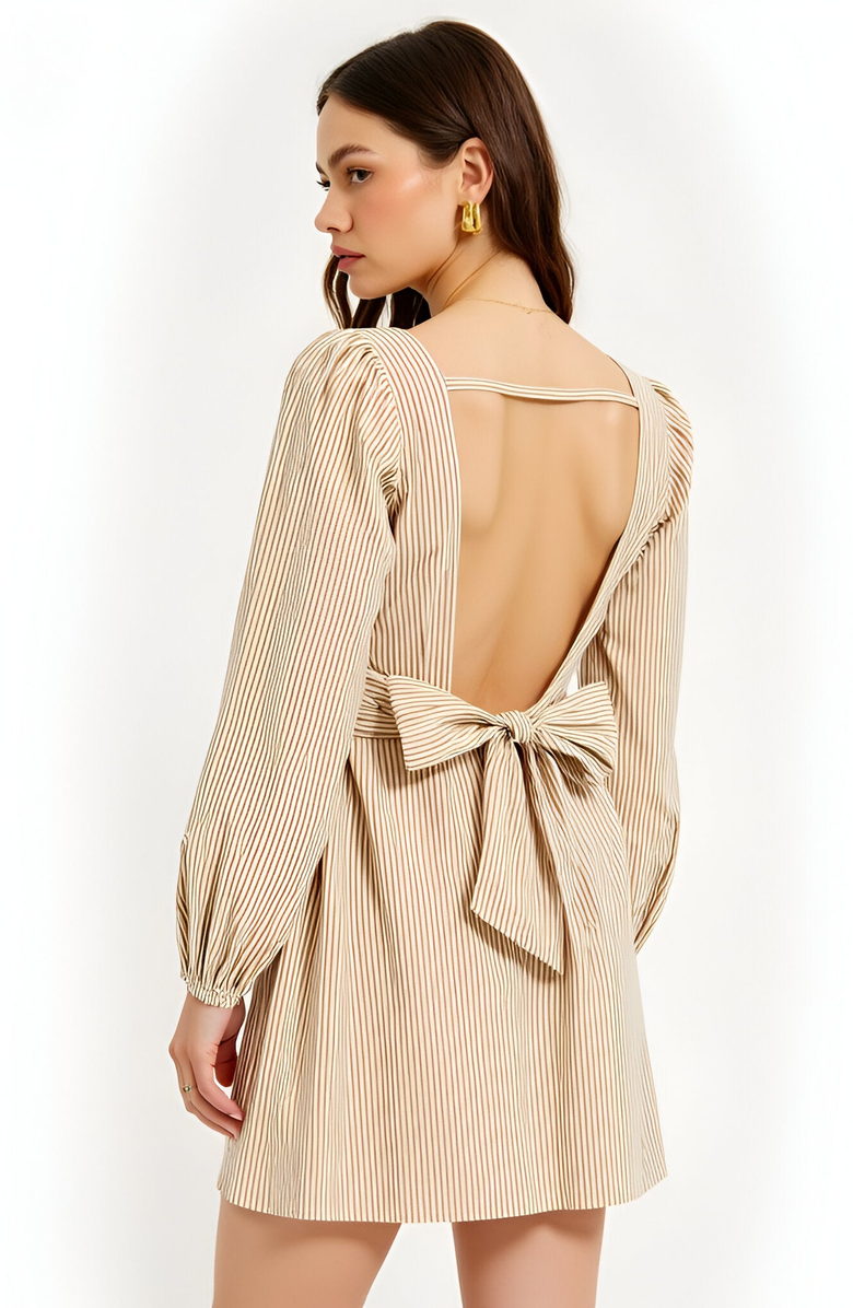 Modenaire Striped Mini Dress with Square Neckline, Puff Sleeves and Back Bow Detail, Alternate, color, 