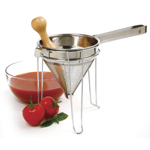 Norpro Stainless Steel Chinois With Chromed Steel Stand And Rubberwood Pestle, 3 Piece Set In Silver