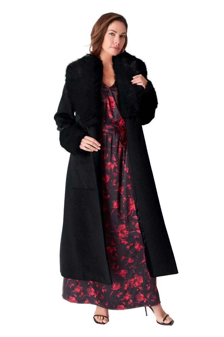 Plus Size Wool Blend Coat With Faux Fur Trim, Main, color, BLACK