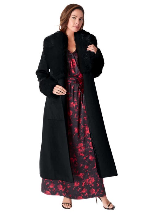 Plus Size Wool Blend Coat With Faux Fur Trim