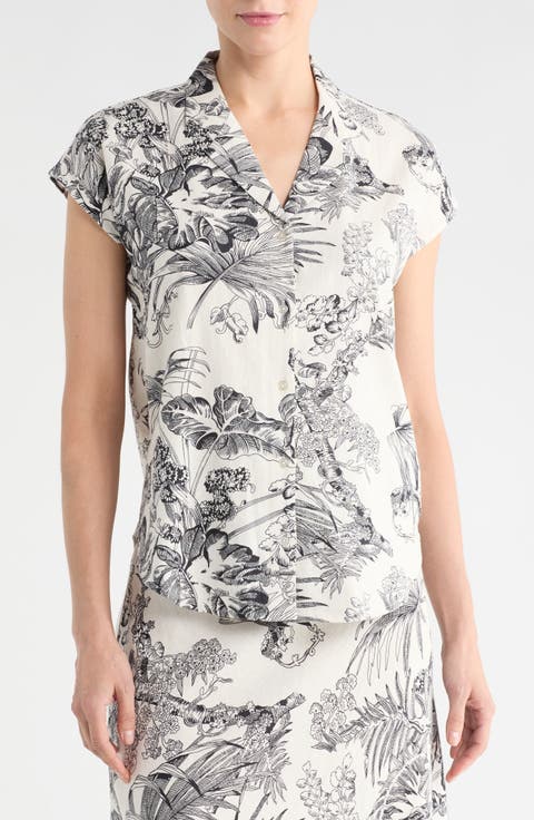 Cap Sleeve Linen Blend Button-Up Shirt