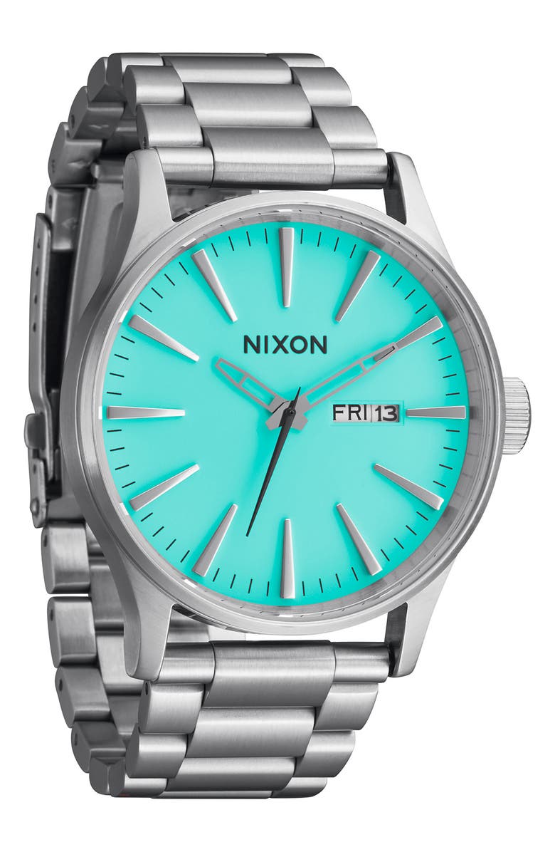Nixon The Sentry Bracelet Watch, 42mm, Main, color, Silver / Turquoise
