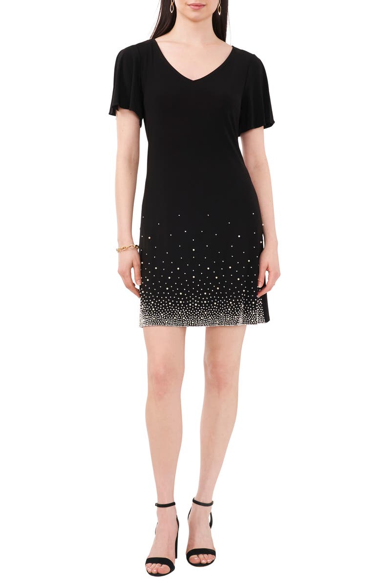 Chaus Faraj Imitation Pearl & Rhinestone Split Sleeve Dress, Main, color, Black 001