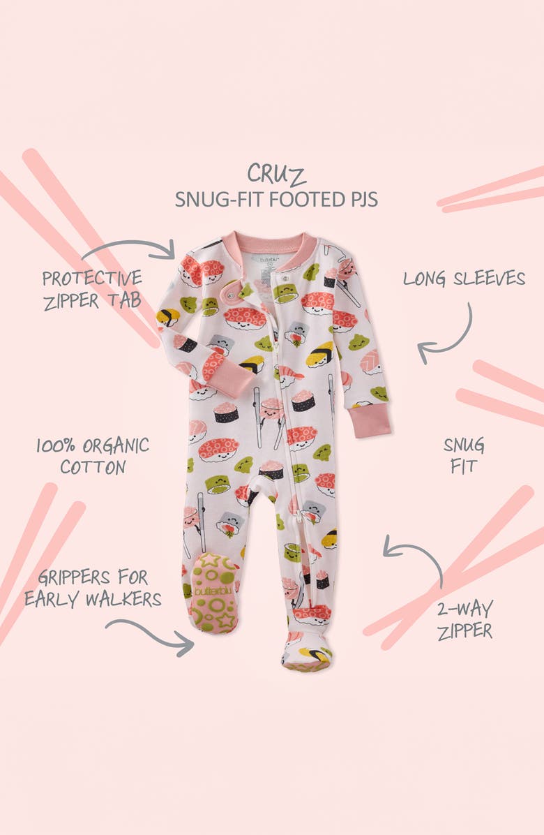 BUTTERBLU Cruz One-Piece Organic Cotton Footie Pajamas, Alternate, color, Soy Mates