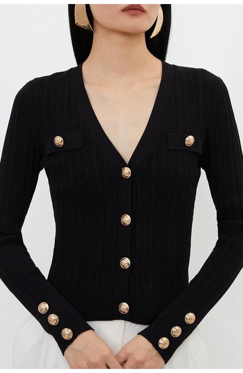 Karen Millen Viscose Blend Rib Military Trim Cardigan, Alternate, color, Black