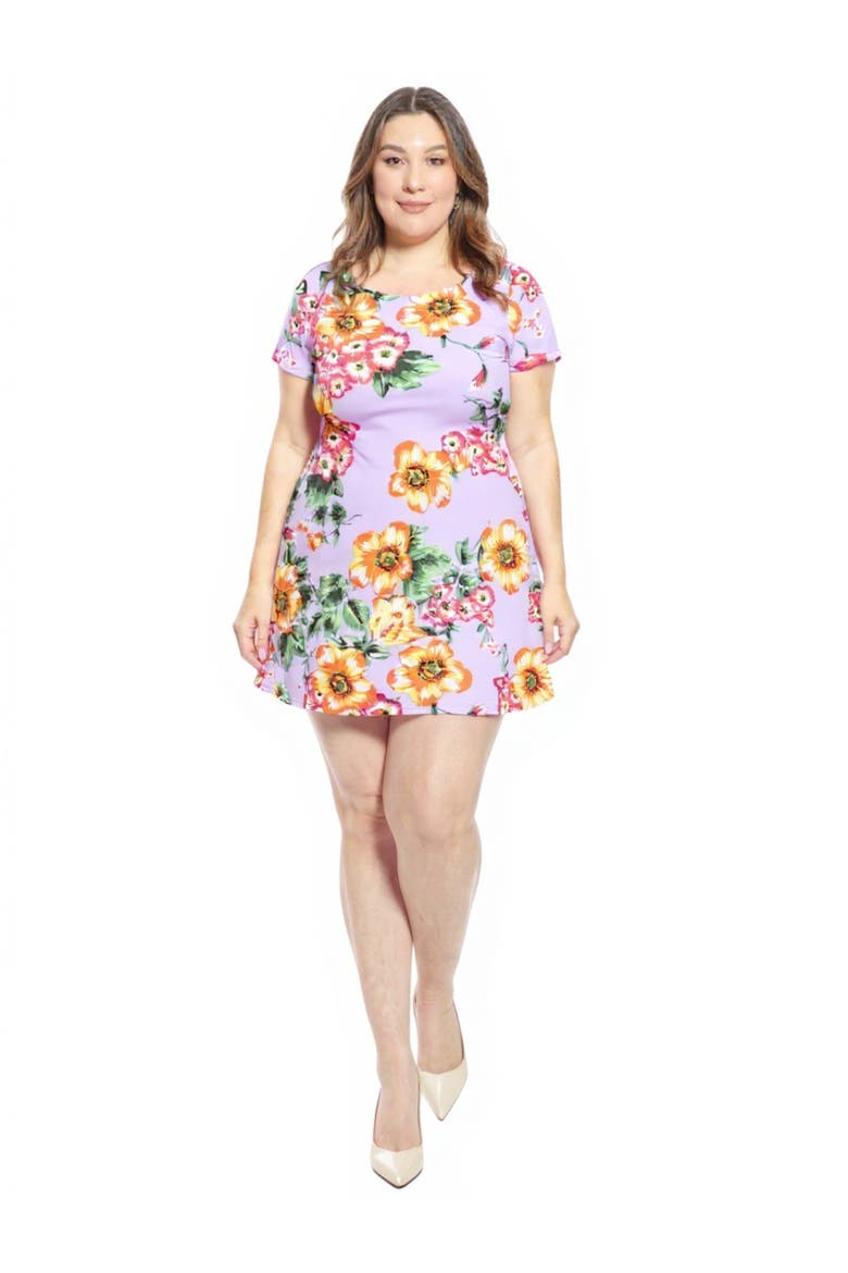Plus Size Floral Short Sleeve Round Neck Mini Shift Dress, Main, color, Lilac Multi
